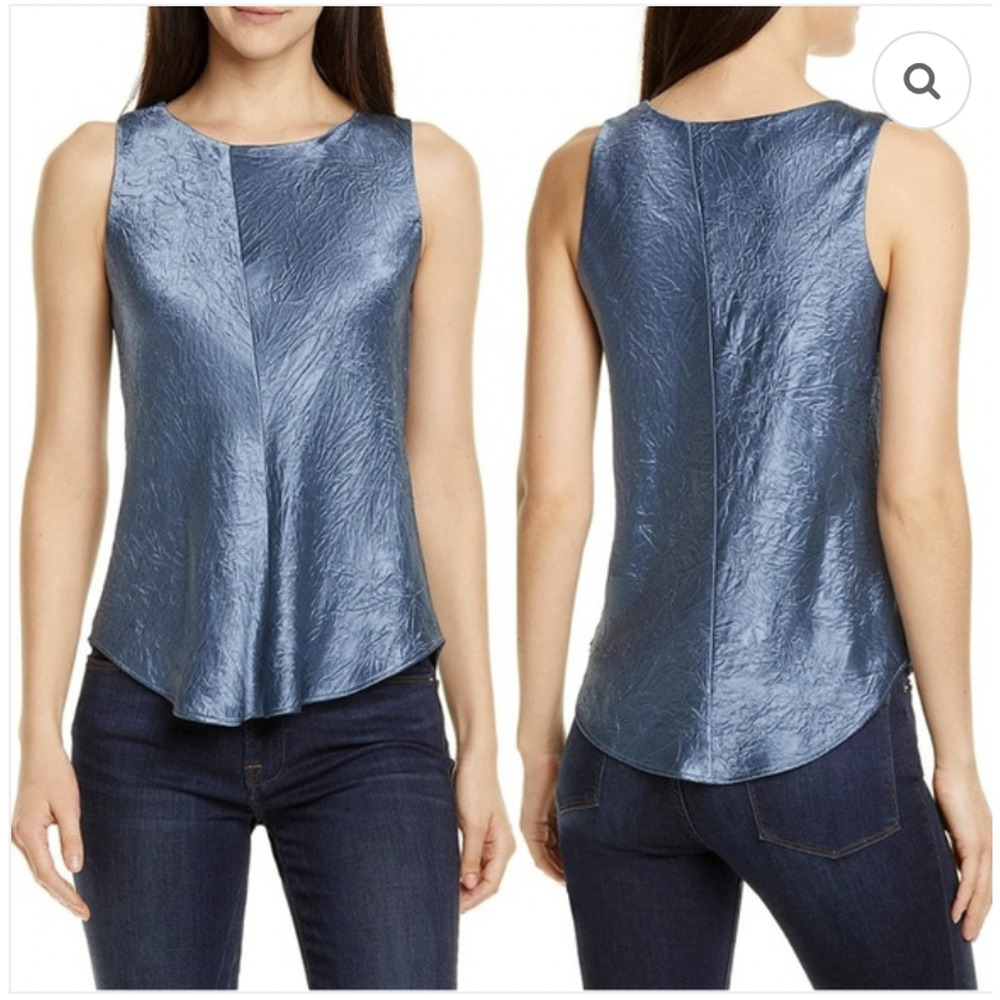 VINCE Tank Top Small Stormy Blue Bias Cut Crinkled Satin Sleeveless Satin Layers
